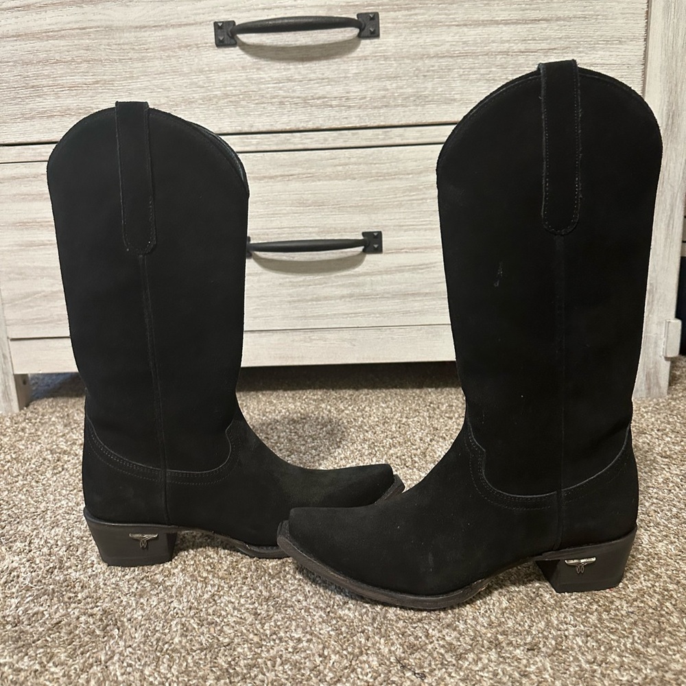 Black Suede Heeled Cowboy Boots - Women